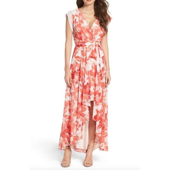 Eliza J Floral Chiffon High Low Dress Surplice Neck Tie Waist Size 10 Red White - Picture 2 of 16